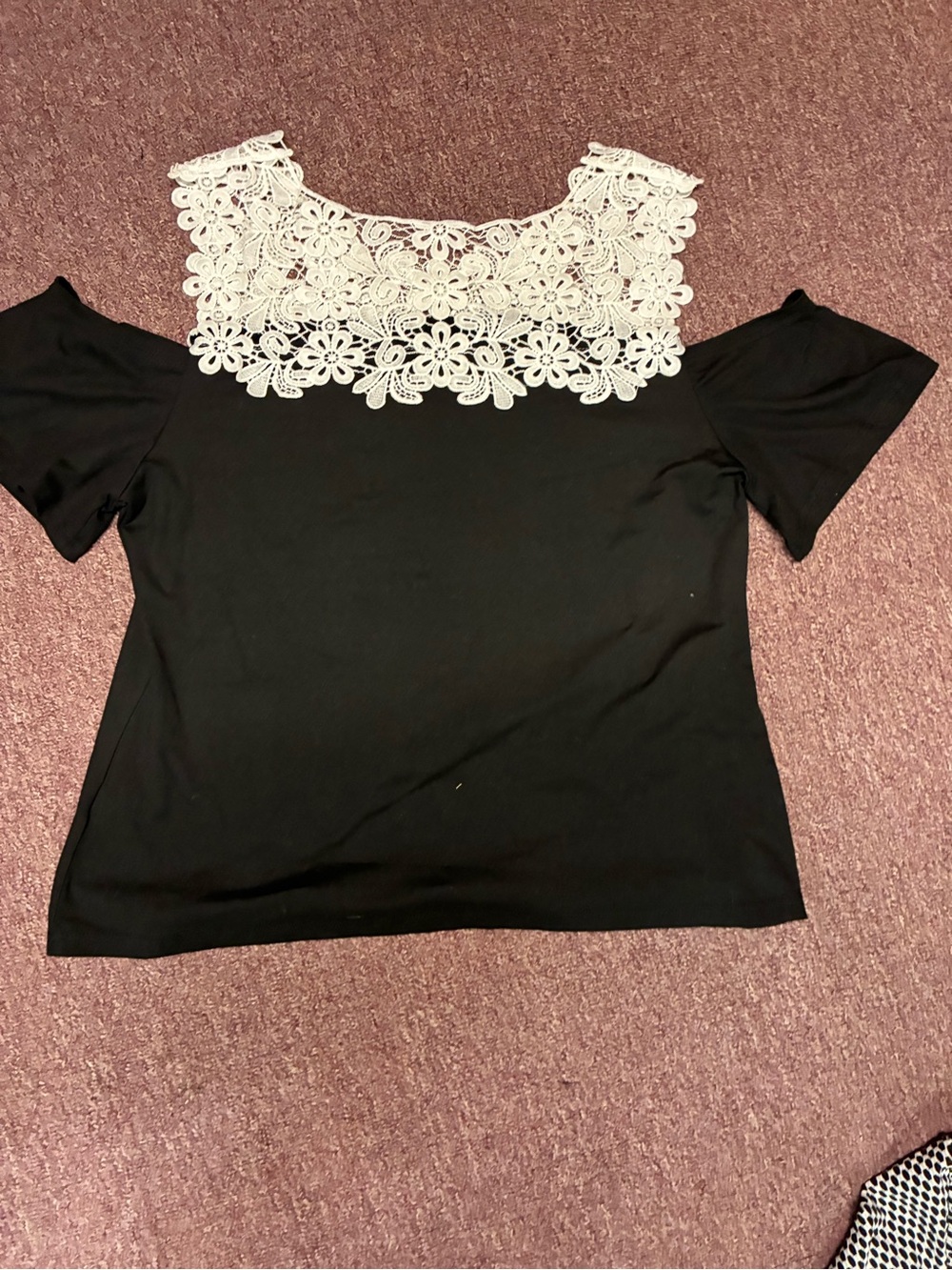 SHEIN Black Short Sleeve Top with White Floral Lace Yoke
